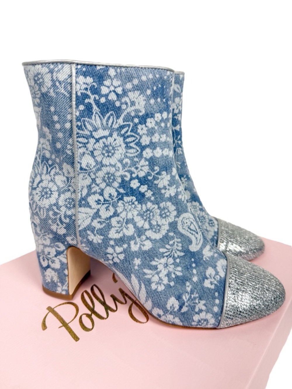 Polly Plume Ibiza Ally Baby Blue Floral Denim Glitter Ankle‎ Boots Booties Sz 39